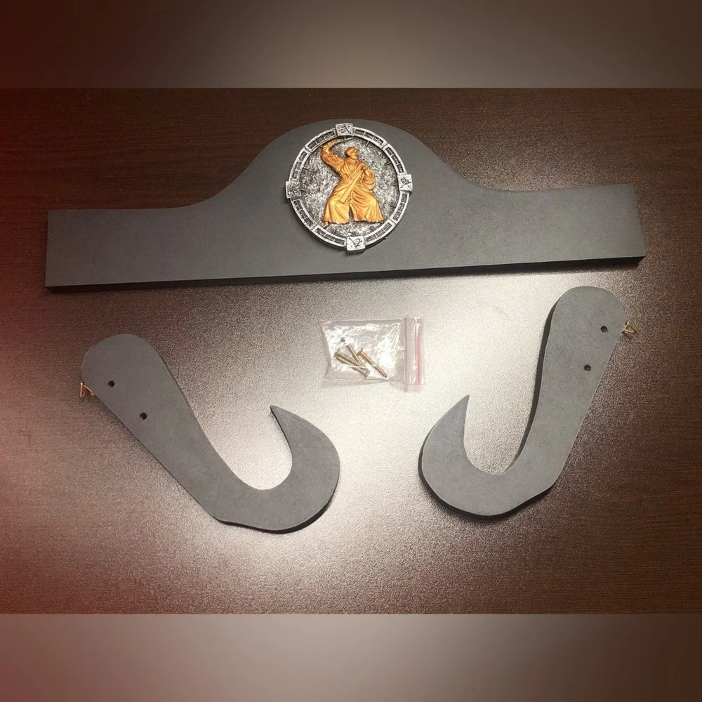 Sword Wall Hanger Wooden Construction With Black Finish And Ornamental Medallion